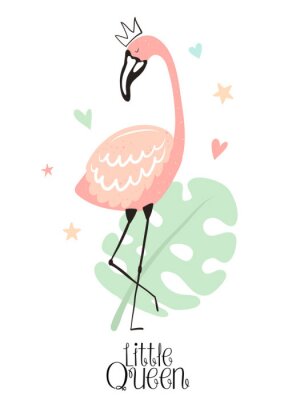 Sticker  Vector tropical illustration of a flamingo in the crown with monstera, hearts, stars. Hand-drawn summer exotic poster for kids, holidays, clothes, decor, textile, fabric, card. Little Queen