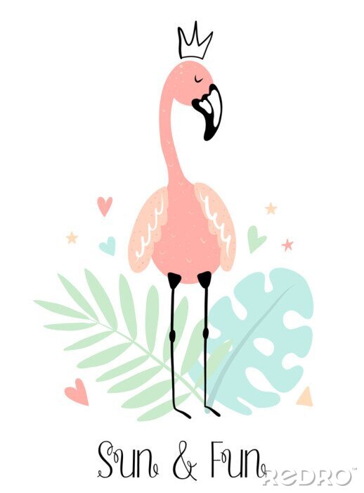 Poster  Vector tropical illustration of a flamingo in the crown with monstera, leaf, hearts, stars. Hand-drawn summer exotic poster for kids, holidays, clothes, decor, textile, fabric, card. Sun and Fun