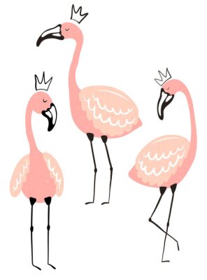 Vector tropical illustration of cute isolated flamingos in the crown. Hand-drawn summer exotic poster for kids, holidays, clothes, decor, textile, fabric, card.