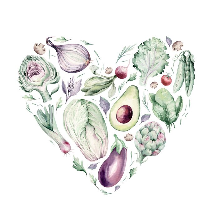 Poster  Vegetables healthy green organic set watercolor heart shape artichoke, broccoli, spinach, celery vitamin Cabbage, leek and onion illustration. Isolated lettuce and radish. sketch eggplant mushroom.