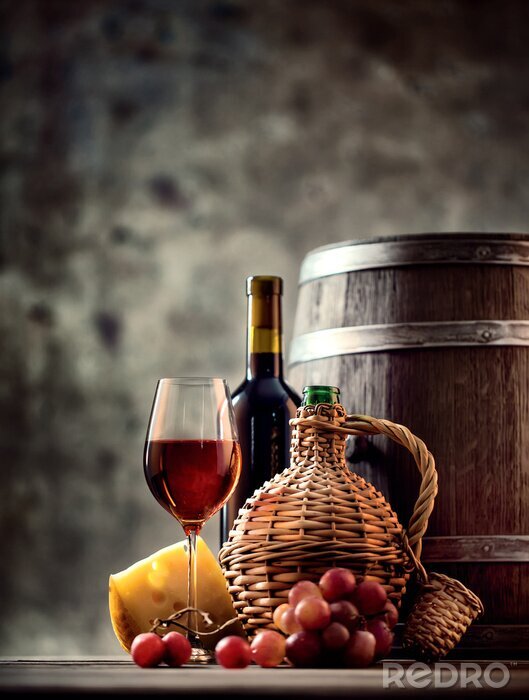 Poster  Verre, bouteille, carafe, vin, baril