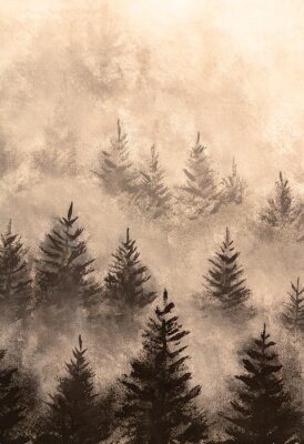 Poster  Vertical oil painting Misty foggy mountain landscape with fir forest and copyspace in vintage retro hipster style