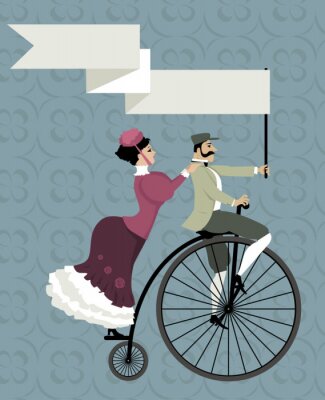 Victorien, âge, couple, équitation, penny-farthing, bicyclette, tenue, vide, bannière ...