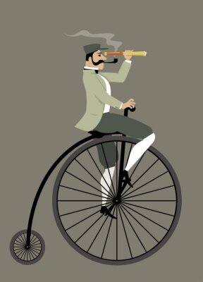 Victorien gentilhomme à a pipe et a télescope équitation a penny-farthing bicyclette