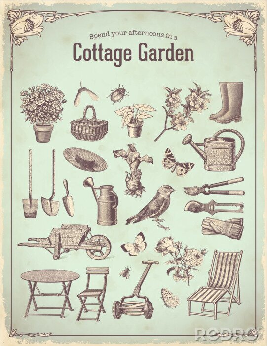 Poster  Vieille illustration avec des outils de jardinage