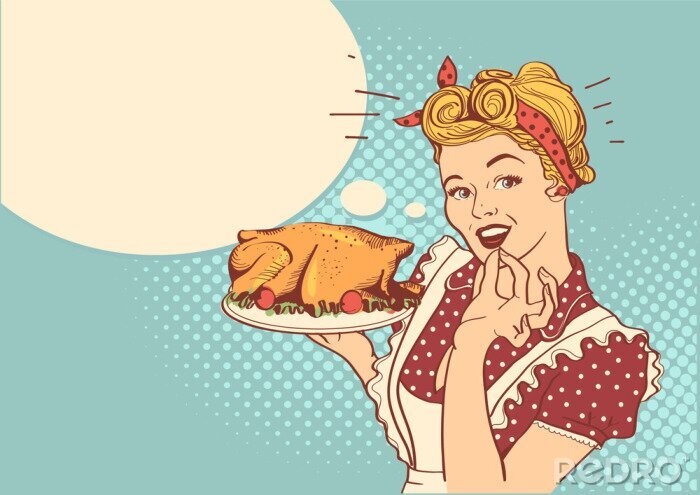 Poster  Vieille illustration avec une femme et un repas