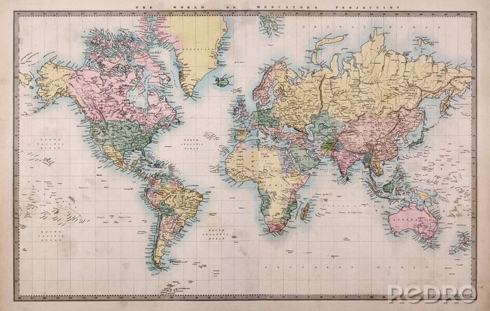 Poster  Vieux Carte antique du monde sur la projection de Mercators