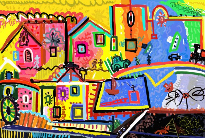 Poster  Village abstrait coloré version peinture