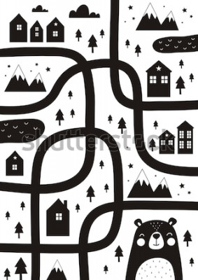 Poster  Ville noire et blanche avec une route et un ours