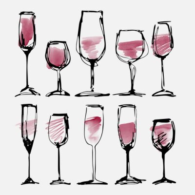 Vin, verre, ensemble, collection, esquissé, aquarelle, wineglasses, silhouette
