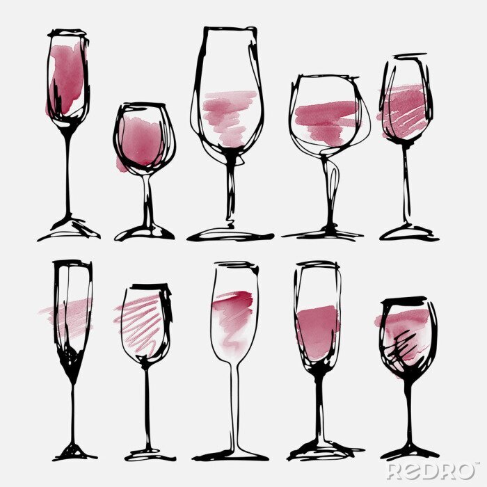 Poster  Vin, verre, ensemble, collection, esquissé, aquarelle, wineglasses, silhouette