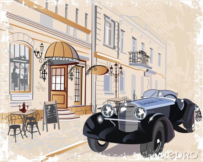 Poster  Vintage background with a retro car and musicians, old town views.