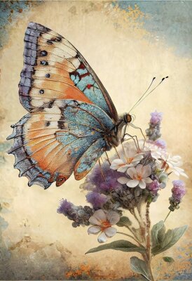 Poster  vintage background with butterfly rose flower shabby chic design style floral