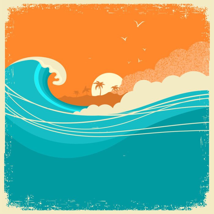 Poster  Vintage Seascape with island on old paper poster for text. Ocean waves