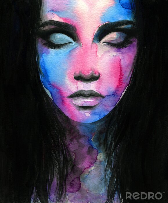 Poster  Visage de femme abstrait peint à l'aquarelle