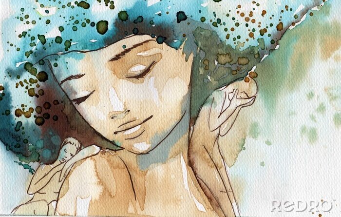 Poster  Visage de femme peint à l'aquarelle