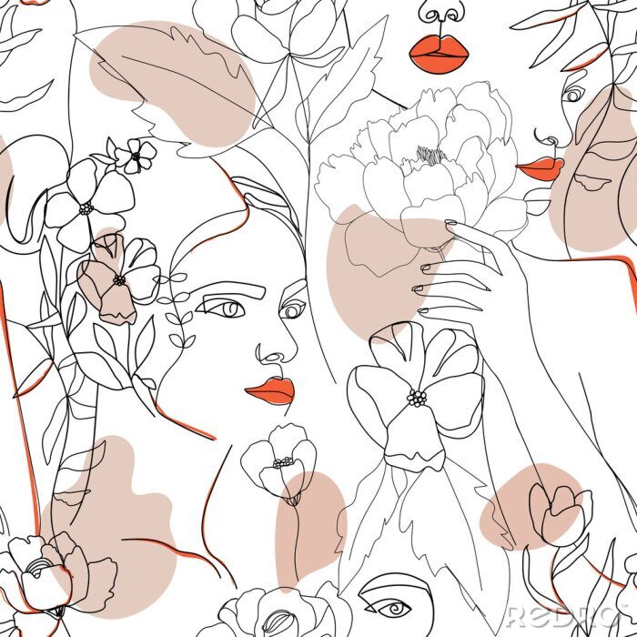 Poster  Visages line art et fleurs