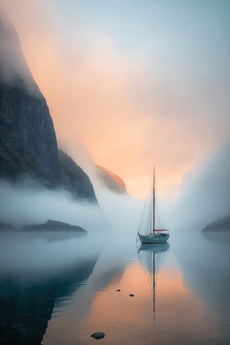 Poster  Voilier parmi les falaises