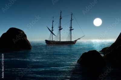 Voilier pirate en mer la nuit