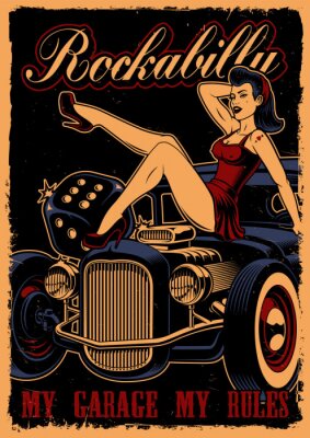Poster  Voiture classique et pin up girl