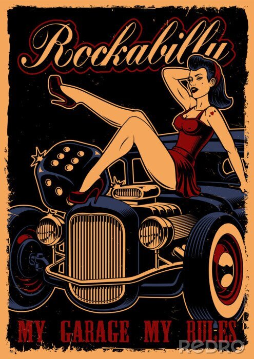 Poster  Voiture classique et pin up girl
