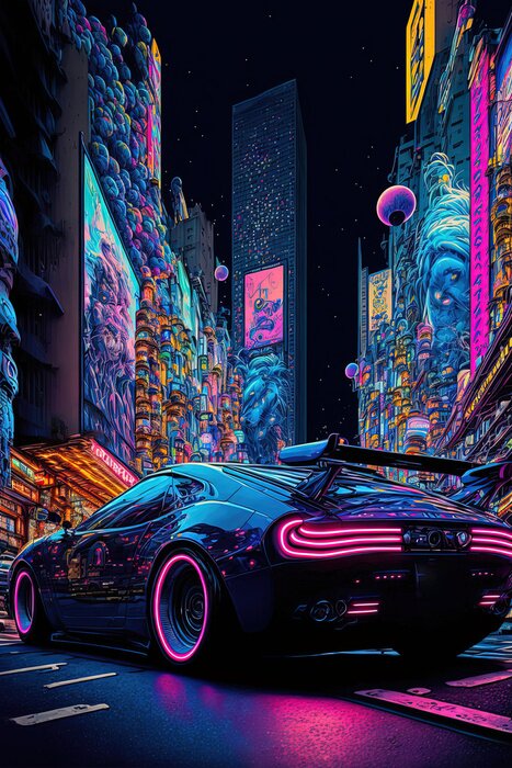 Poster  Voiture cyberpunk dans la ville nocturne