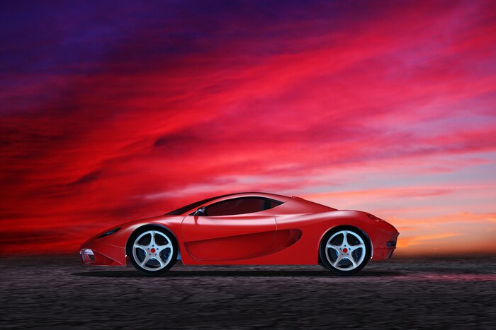 Poster  Voiture de sport contre une banque pittoresque de nuages