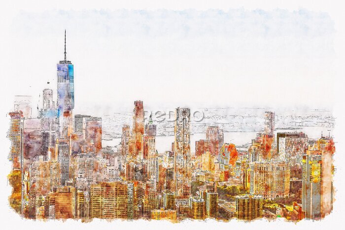 Poster  Vue aérienne de l'aquarelle de Manhattan New York City
