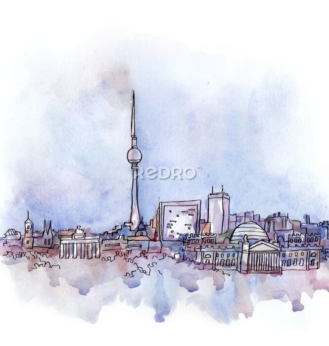 Poster  Vue, berlin, aquarelle, européen, union, pays, isolé, blanc, fond