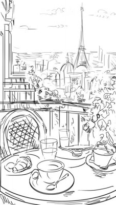 Poster  Vue caricaturale de Paris et de la tour Eiffel depuis le balcon