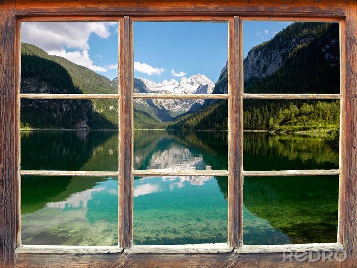 Poster  Vue d'un lac à travers une fenêtre