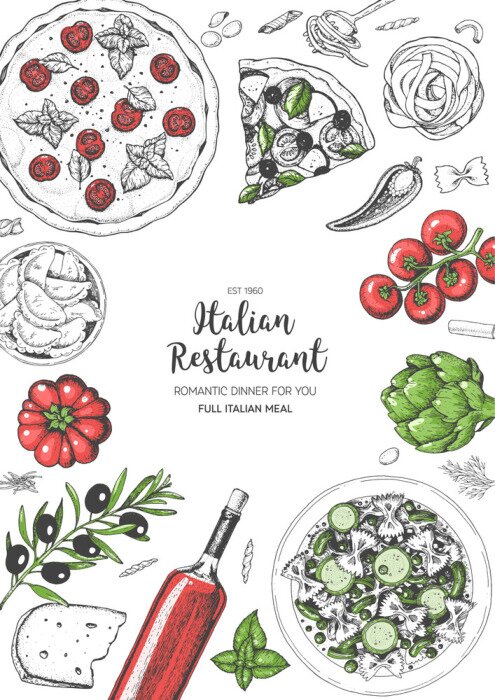 Poster  Vue de dessus de cuisine italienne. Un ensemble de plats italiens avec des pâtes et des pizzas. Modèle de conception de menu alimentaire. Illustration vectorielle de croquis dessinés à la main vintage
