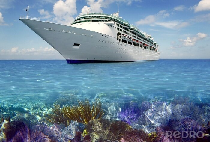 Poster  vue de récif des Caraïbes avec cuise bateau de vacances