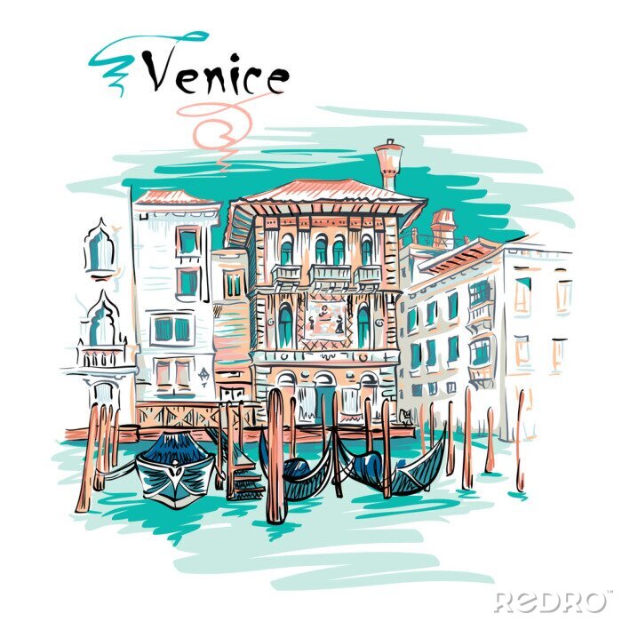 Poster  Vue pittoresque de vecteur avec le Palazzo en style gothique vénitien sur le Grand Canal en été, Venise, Italie.