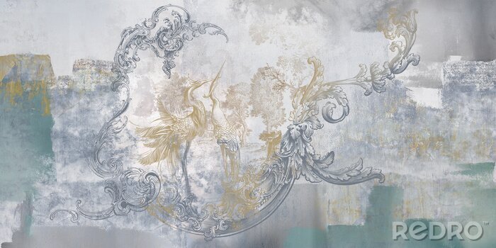 Poster  Wall mural, wallpaper, in the style of classic, baroque, modern, rococo. Wall mural with birds and concrete grunge background. Light, delicate photo wallpaper design.