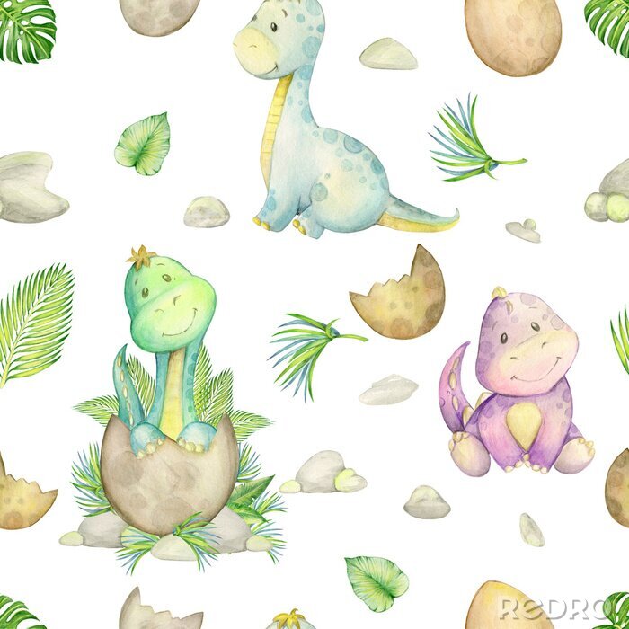 Poster  watercolo, seamless pattern. little dinosaur. isolated