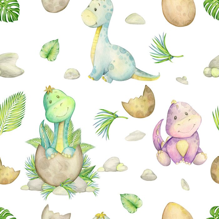 Poster  watercolo, seamless pattern. little dinosaur. isolated