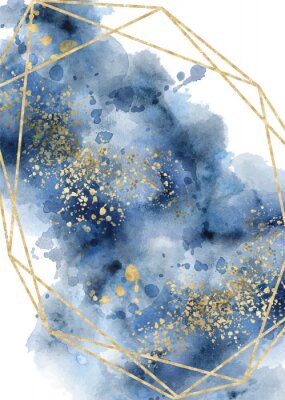 Poster  Watercolor abstract aquamarine, background, watercolour blue and gold texture Vector illustration