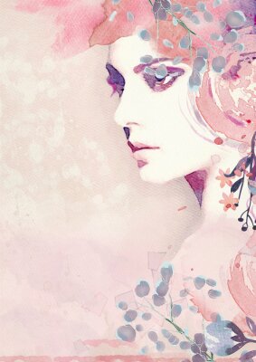 Watercolor abstract portrait of girl. Fashion background.