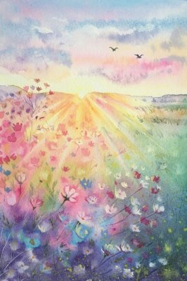 Poster  Watercolor beautiful rural landscape with sunrise and blossoming meadow. Purple, white flowers flowering on spring field. Happy new day concept. Vertical view, copy-space. Template for designs , card.