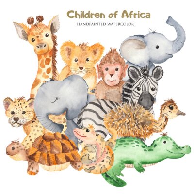 Watercolor card with cute characters of African animals. Template for invitation, greeting card, party, baby shower, children's clothing and design.