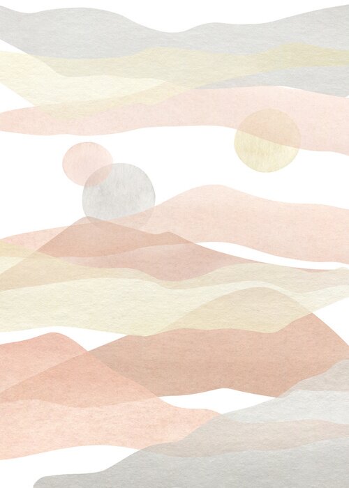 Poster  Watercolor creative minimalist hand painted landscape composition, mountains. Abstract modern print, poster, for wall decoration, card or brochure cover design. Aesthetic trendy illustration