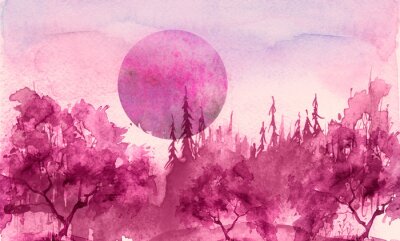 Poster  Watercolor drawing, illustration. Forest landscape, fir, pine, tree, cedar, red, pink sun, sunset, sunrise. Splash paint, abstract illustration. Art painting. Winter landscape. Mystic forest