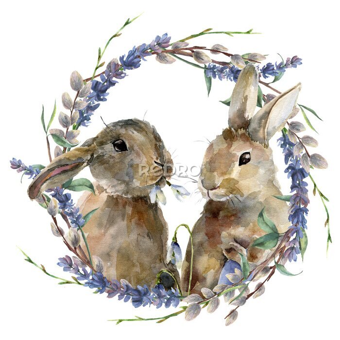 Poster  Watercolor Easter bunny with floral wreath. Hand painted rabbit with lavender, willow and tree branch isolated on white background. Holiday symbol illustration for design.