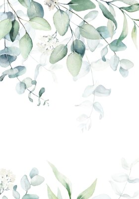 Poster  Watercolor floral illustration with green branches & leaves - frame / border, for wedding stationary, greetings, wallpapers, fashion, background. Eucalyptus, olive, green leaves, etc.
