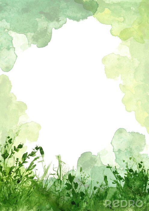 Poster  Watercolor illustration. background with  floral pattern - grass, wild plants of green color. Watercolor card, frame, postcard, invitation. green natural, organic, bio, eco label.
