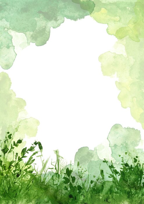 Poster  Watercolor illustration. background with  floral pattern - grass, wild plants of green color. Watercolor card, frame, postcard, invitation. green natural, organic, bio, eco label.