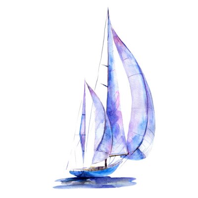 Poster  Watercolor illustration, hand drawn painted sailboat isolated object on white background. Art print boat with blue sails.