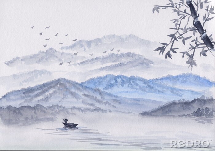 Poster  Watercolor Illustration with mountains, river & fisherman boat. Asian serene landscape with bamboo. Oriental style painting with layers of rocks & birds. Concept for restore meditation background.