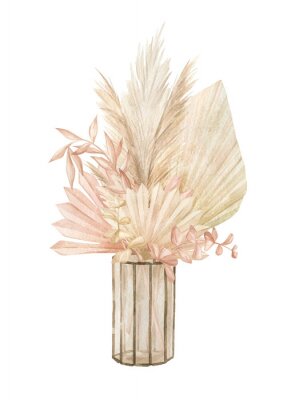 Poster  Watercolor interior scene with glass vase with pampas grass and dried leaves. Aesthetic home Decor in boho style